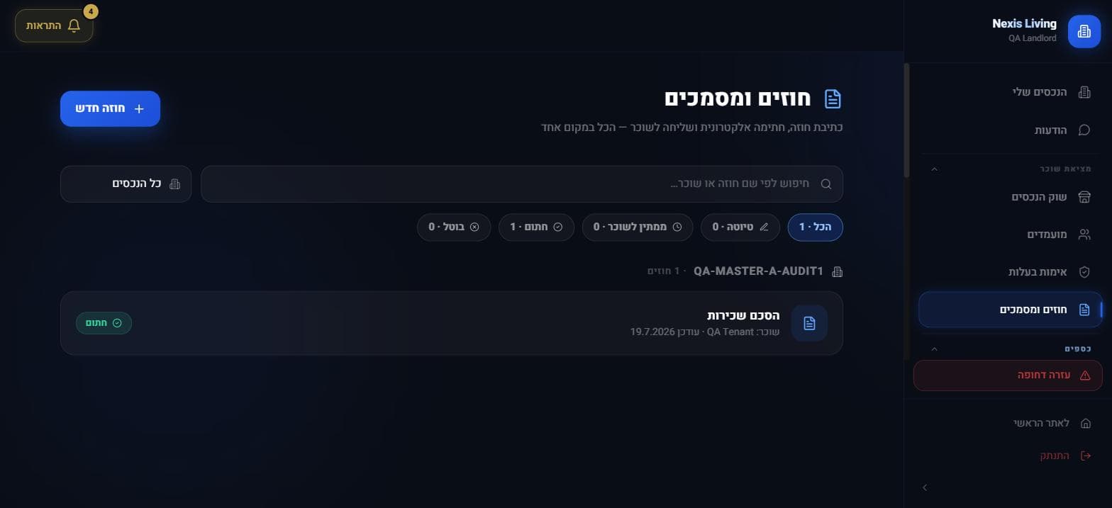 מסך החוזים במערכת: חוזה דיגיטלי חתום עם חותמת זמן